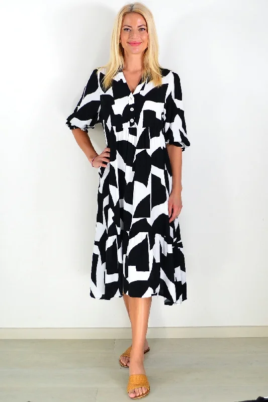 off-the-shoulder midi dressesBlack White Button Midi Dress