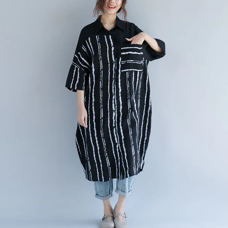 tall women's midi dressesNew black Midi-length cotton dress trendy plus size traveling dress 2018 bracelet sleeved patchwork Turn-down Collar striped cotton dresses