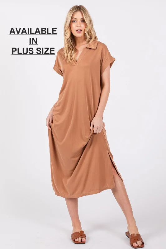 maxi midi dressesMOCHA COLLARED ROLL-UP SHORT SLEEVES PLUS SIZE MIDI DRESS PDC50716SA