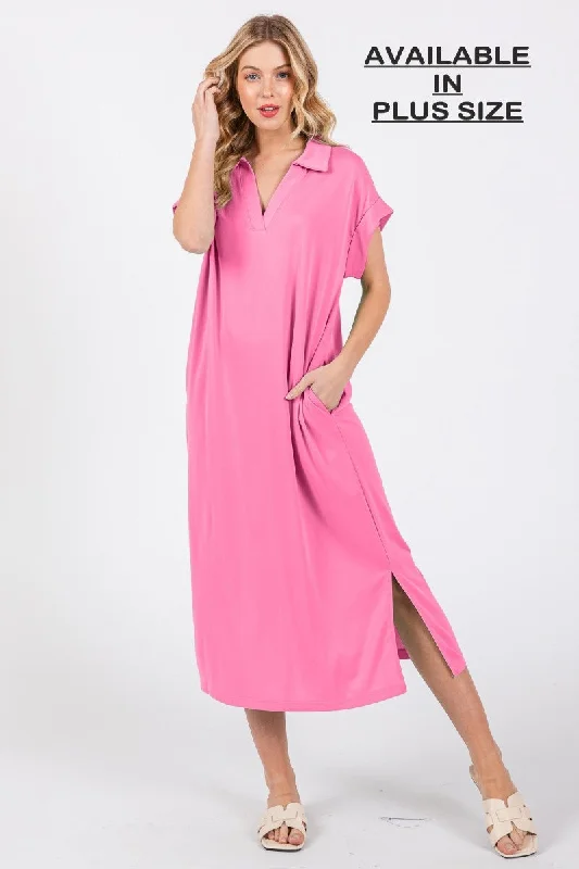 long-sleeved midi dressesRED COLLARED ROLL-UP SHORT SLEEVES PLUS SIZE MIDI DRESS PDC50716SA