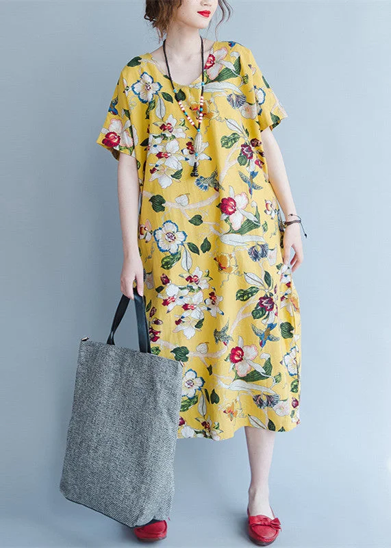 midi dresses with pocketswomen yellow Midi linen dresses trendy plus size traveling clothing vintage back open floral cotton dresses