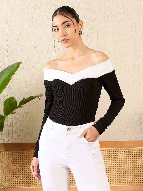 women's tops for minimalist aestheticsColorblock Off Shoulder Full Sleeve Top