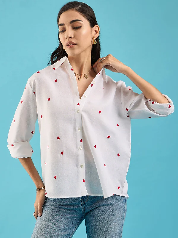 satin women's topsEmbroidered Cotton Shirt with Hearts