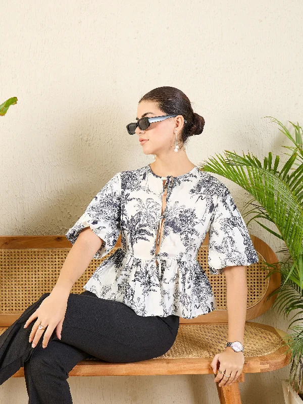 women's tops for those who want to make a fashion statementPrinted Cotton Tie-Up Peplum Top