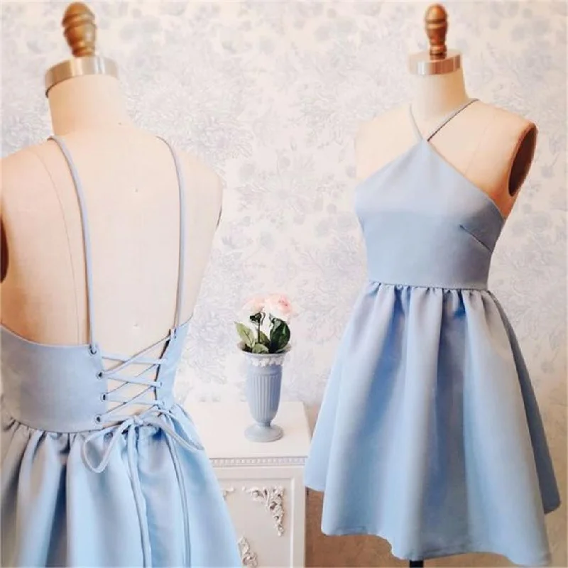 mini prom dressesJunior Simple New Blue Halter Homecoming Dress, Short Custom Prom Dresses, PD0351