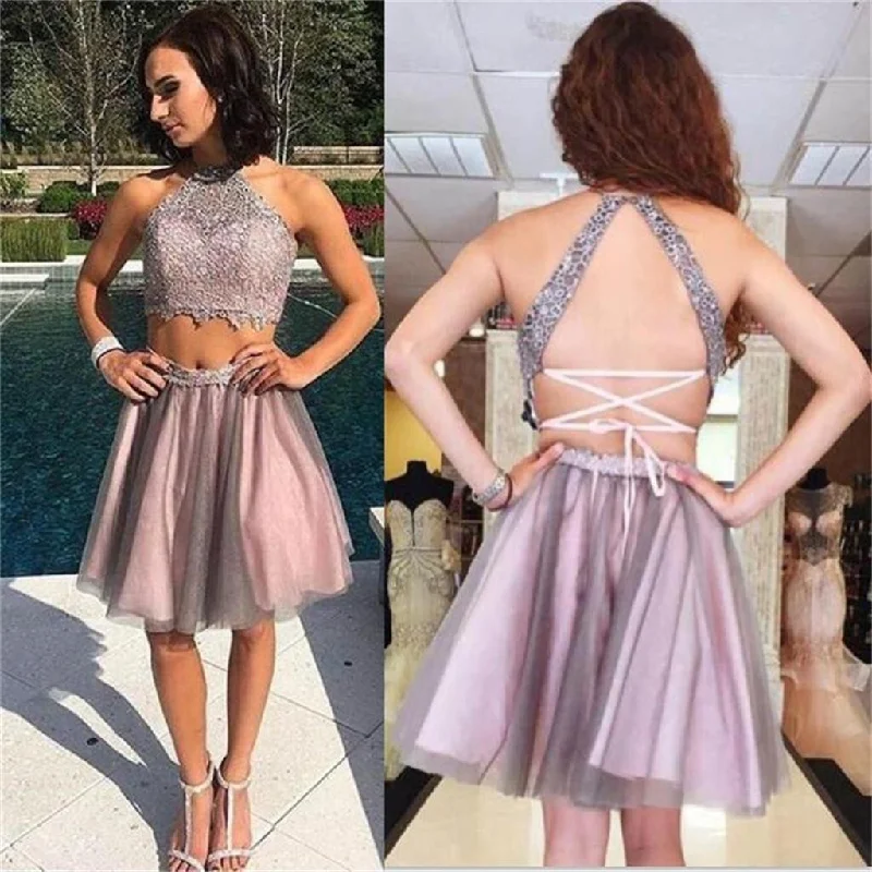 cap sleeve prom dressesShort Two Pieces Open Back High Neck Graduation Homecoming Dress, Prom Dress for Teens, PD0352