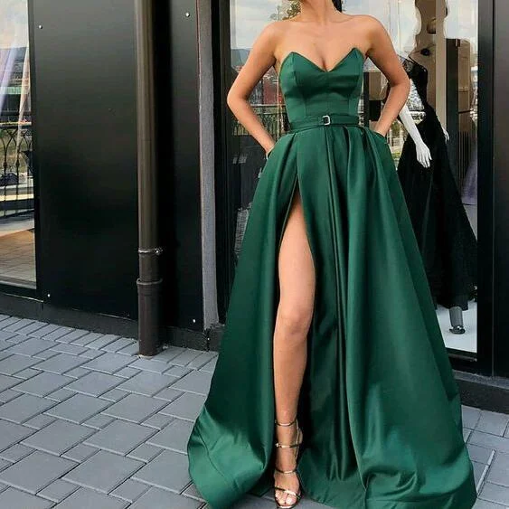 fitted prom dressesA-Line Best Sale Popular Sweetheart  Split Front Dark Green Long Prom Dresses with Belt Pockets, PD0938