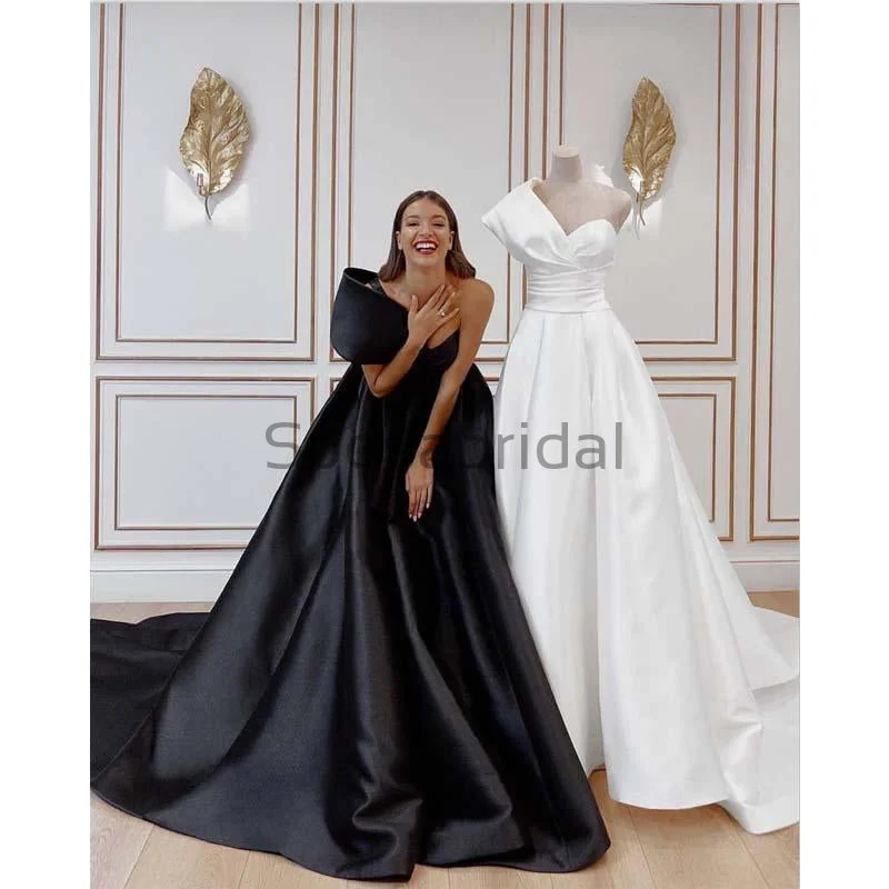 illusion sleeve prom dressesA-line Black White Satin One Shoulder Hot Modest Prom Dresses PD1961