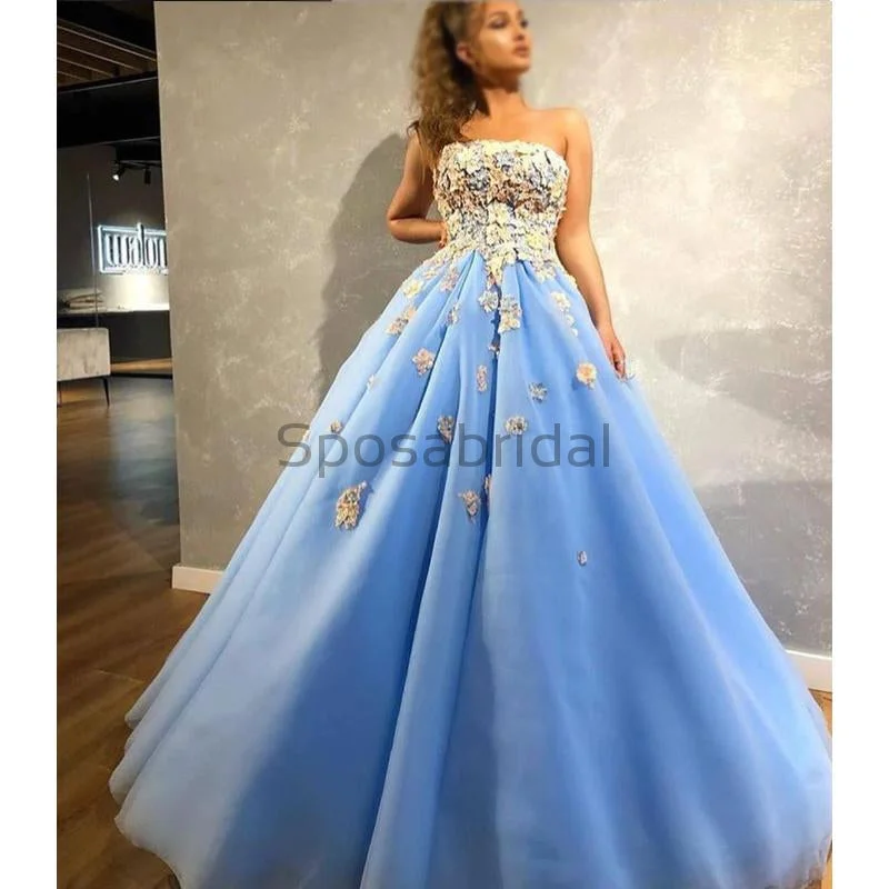 glamorous prom dressesA-line Blue Gorgeous Modest Formal Long Prom Dresses with appliques, Ball gowns PD1505