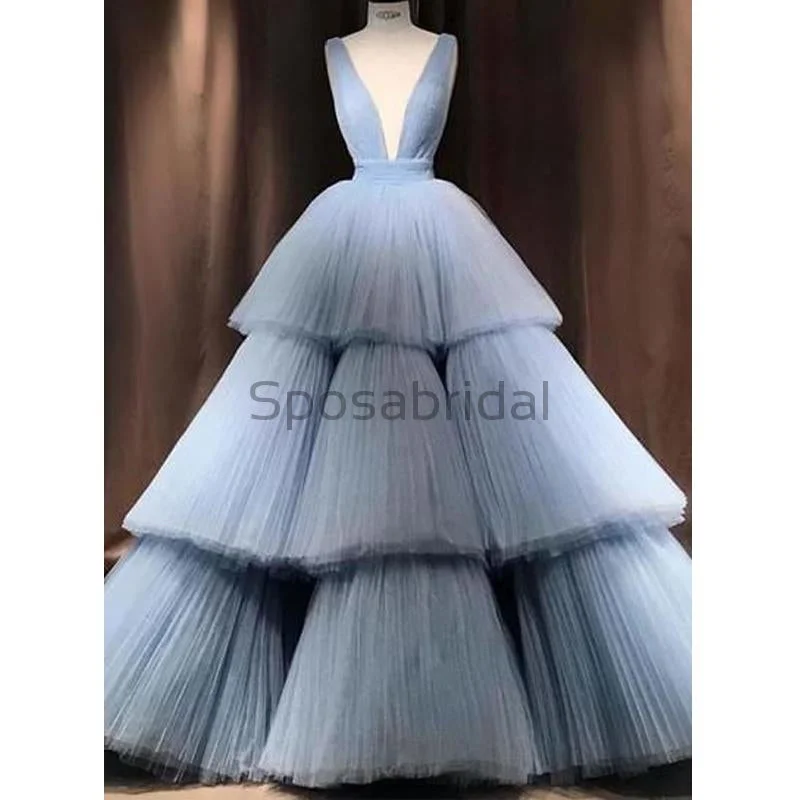 vintage prom dressesA-line Blue Tulle Deep V-Neck Unique Modest Gorgeous Long Prom Dresses, Ball gown PD1508