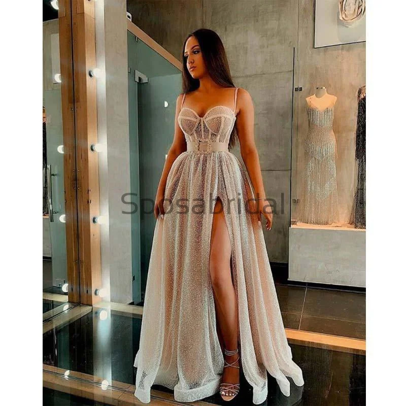 bespoke prom dressesA-line Charming Spaghetti Straps Sequin Side Slit Modest Prom Dresses PD1984