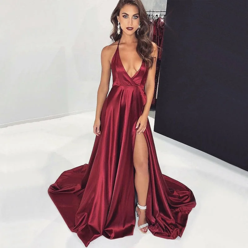 modern prom dressesA-Line Cheap Burgundy Side Slit Spaghetti Straps Simple Long Prom Dresses PD1511