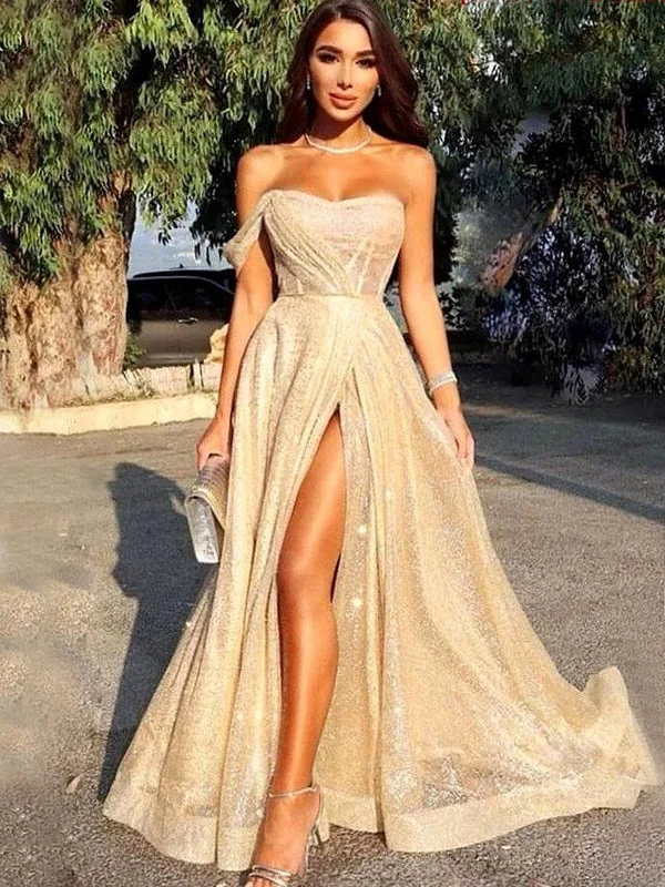 off-the-shoulder prom dressesChampagne Gold A-Line Cheap Sequin Elegant Formal Long Prom Dresses, PD2183