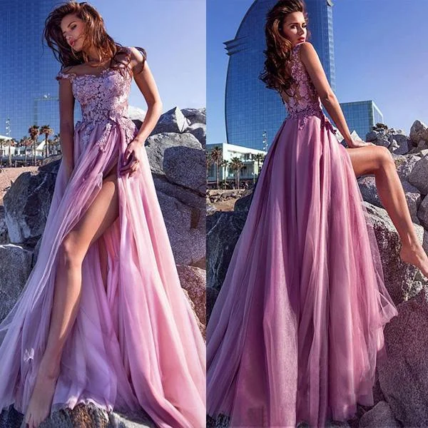 two-piece prom dressesA-line Elegant Tulle Spaghetti Straps Neckline A-line Prom Dresses With Lace Appliques,PD1034