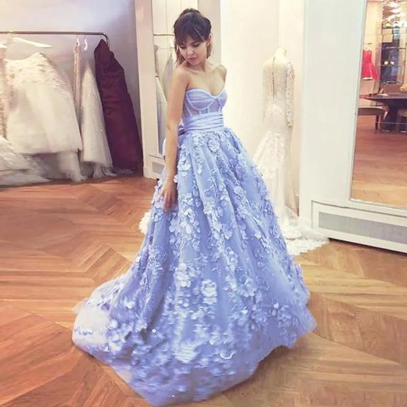 prom dresses for winterSexy Lavender Strapless Sweetheart A-line Full Floral Prom Dress, PD3288