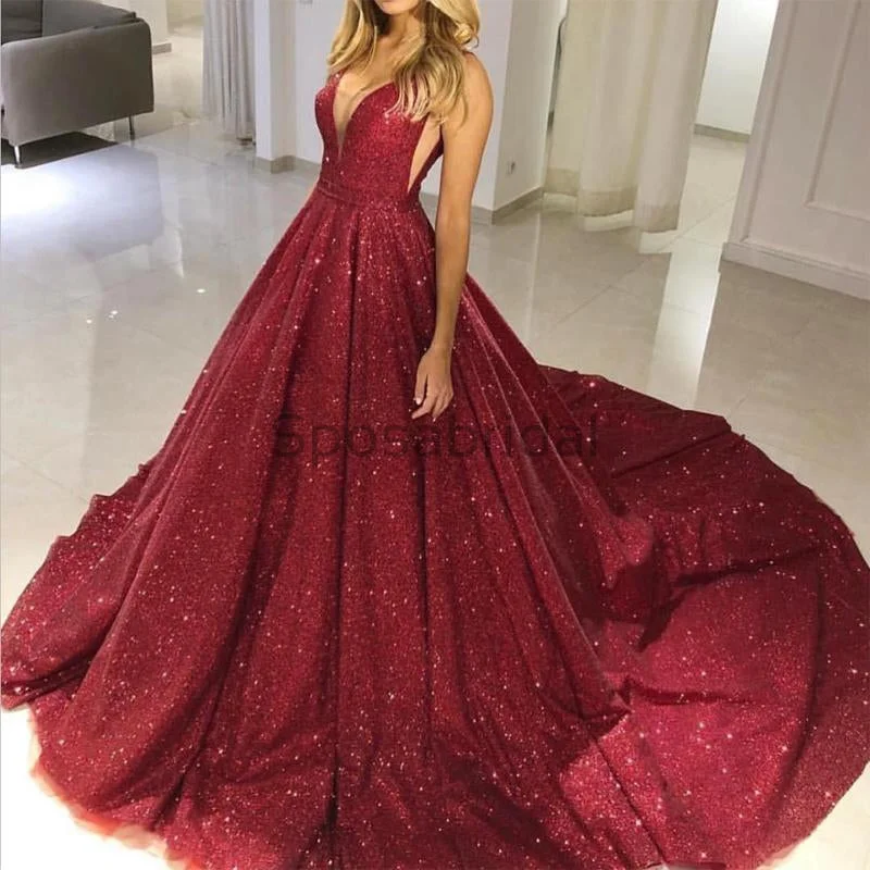 prom dress accessoriesA-line Gorgeous Burgundy V-neck Sequin Sparkly Modest Long Prom Dresses, Ball gown PD1517