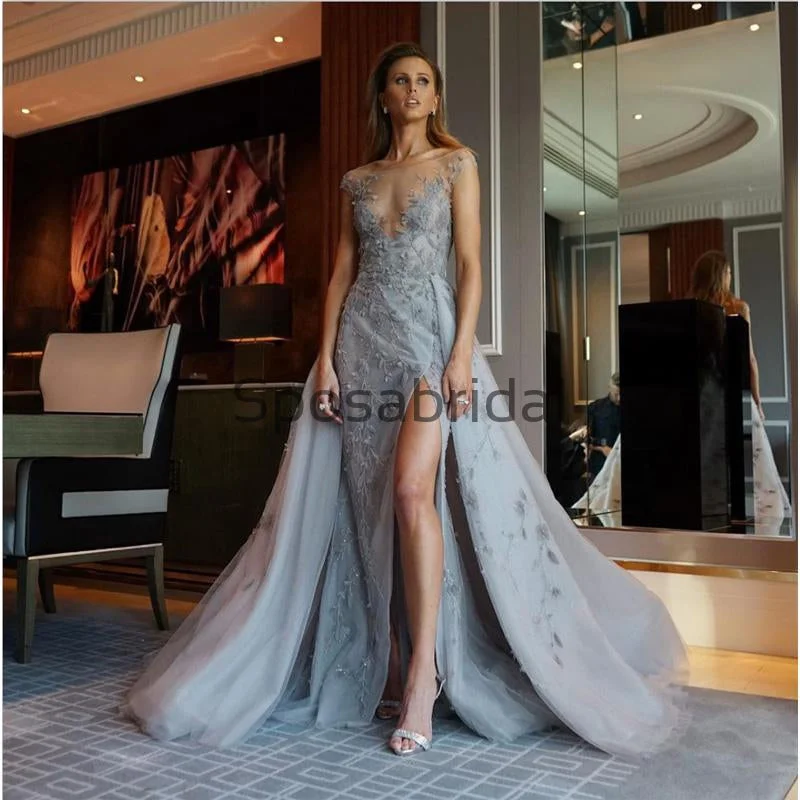 high-low prom dressesA-line Light Gray Side Slit Lace Modest Long Prom Dresses PD2185