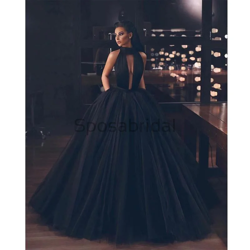 prom dresses for fallA-line Long Halter Black Tulle Sleeveless Long Modest Elegant Prom Dresses PD1603