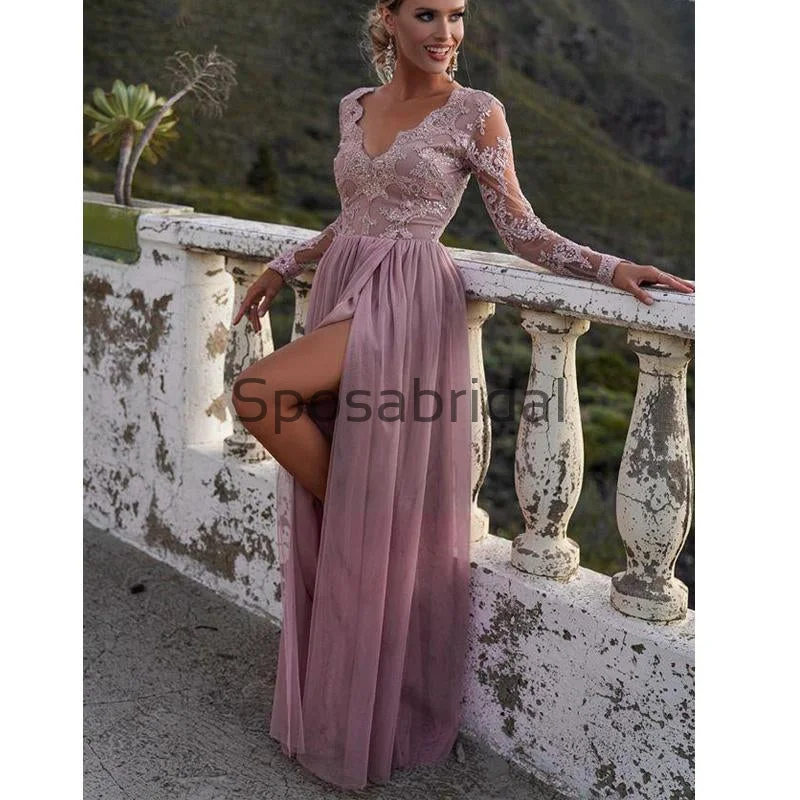 lace prom dressesA-line Long Sleeves V-Neck Elegant Popular Long Prom Dresses PD2291