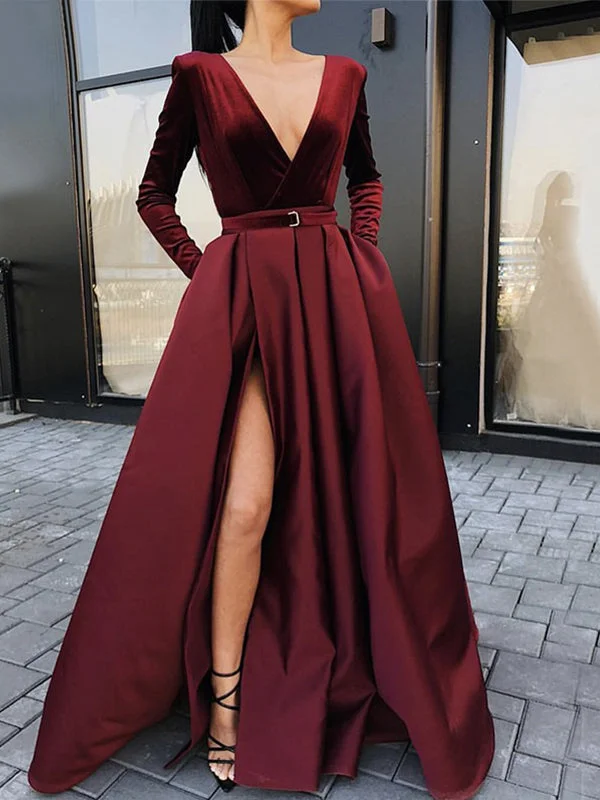 classic prom dressesA-line Modest Black Long Sleeves V-Neck Prom Dresses PD23470