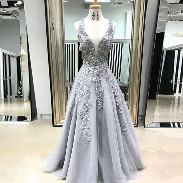 prom dresses with beaded accentsA-line Modest Popular Elegant Formal Deep V Neck Long Prom Dresses with Appliques, PD1302