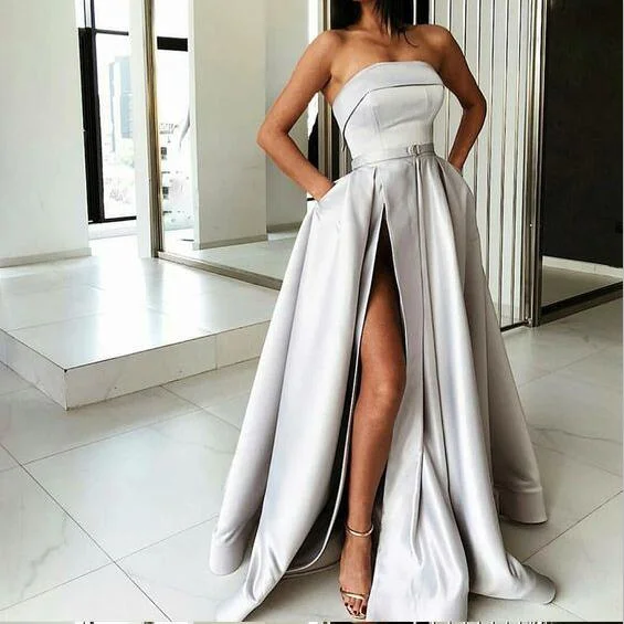 empire waist prom dressesA-Line Most Popular Off Shoulder Sweep Train Split Front Grey Prom Dresses with Belt online , PD0944