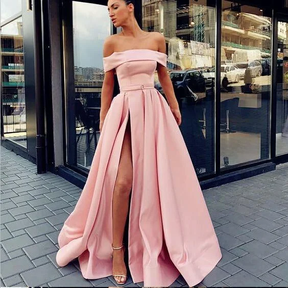 ball gown prom dressesA-Line Off Shoulder Long Cheap Sweep Train Split Front Pink Prom Dresses with Belt, PD0945