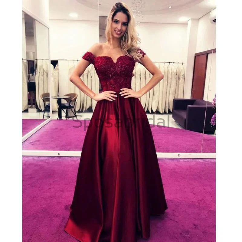 prom dresses with sequin detailingA-line Off the Shoulder Satin Burgundy Elegant Modest Formal Prom Dresses  PD1722