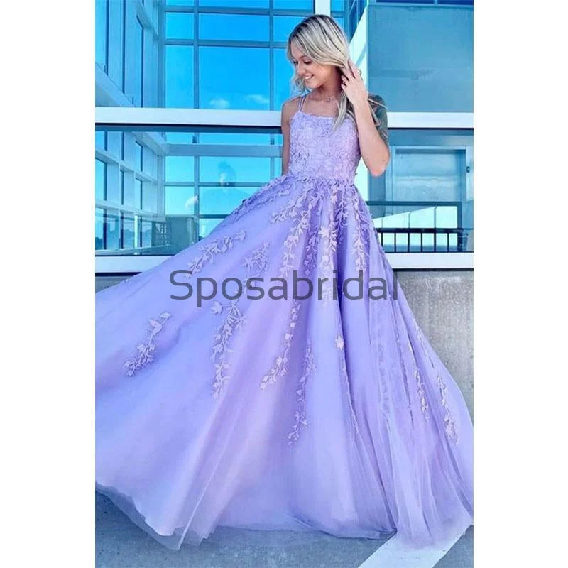 illusion sleeve prom dressesA-line Purple Lace Spaghetti Straps Elegant Prom Dresses PD2130