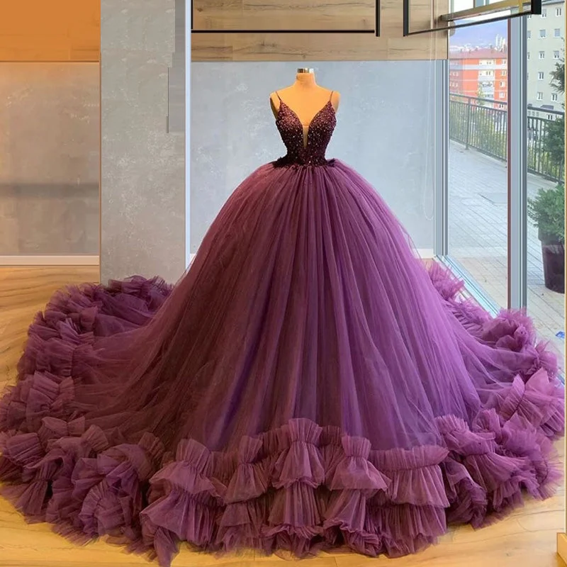 custom prom dressesLuxury Purple A-line Spaghetti Strap Ruffle Tulle Elegant Long Prom Dress, Ball Gown, PD1989