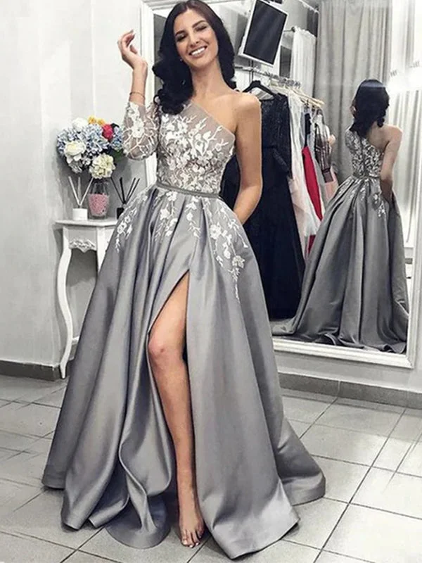 corset prom dressesElegant Grey One-shoulder Floral Top Side-slit A-line Long Prom Dress, PD3251