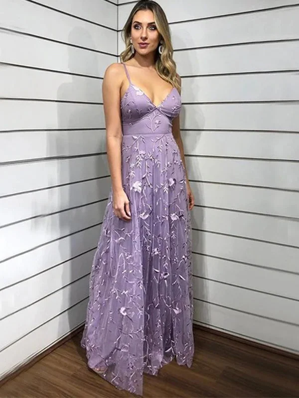 modern prom dressesDusty Violet Spaghetti Straps V-neck A-line Long Floral Prom Dress, PD3253