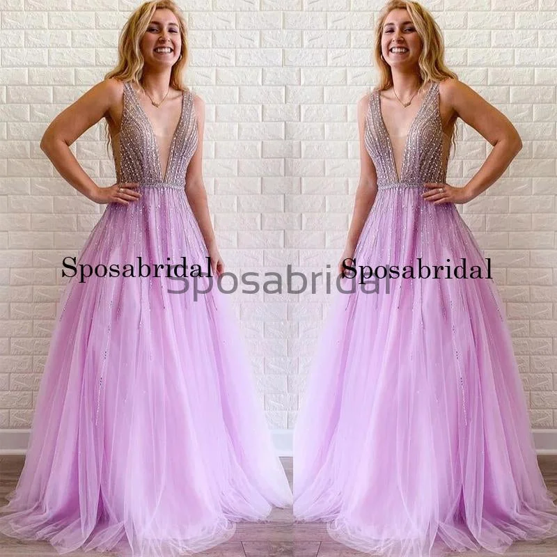 illusion neckline prom dressesA-line Tulle Elegant Modest Formal Lilac Hot Sale Prom Dresses, Long Prom Dress PD1811