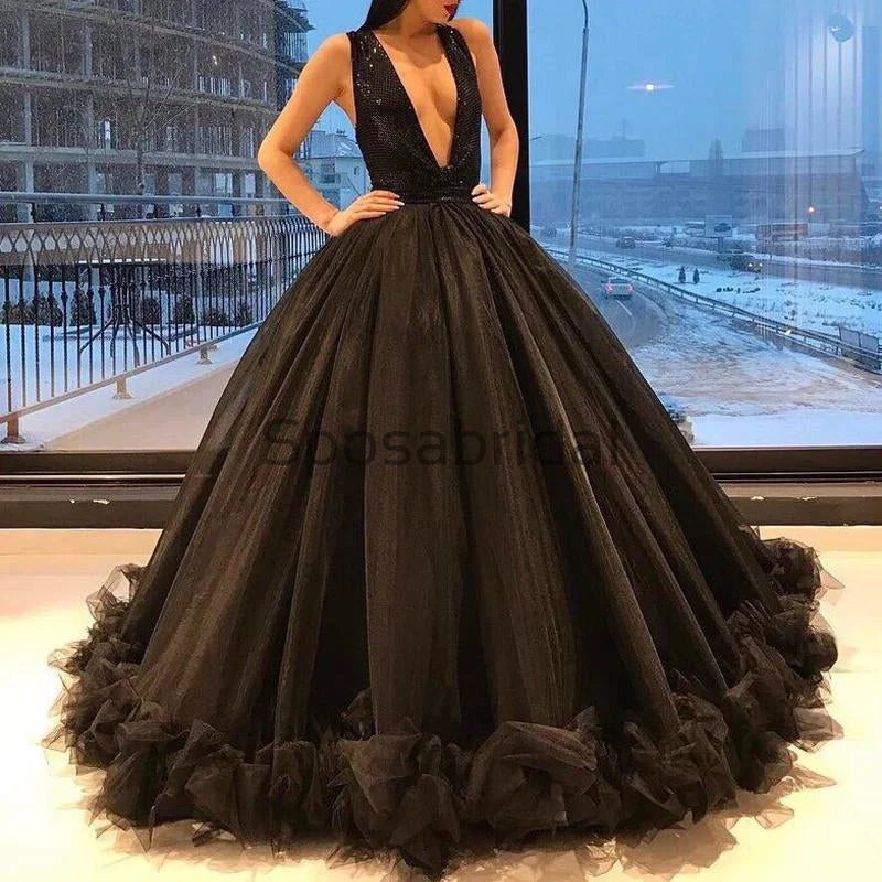 ready-to-wear prom dressesA-line V-Neck Black Tulle Elegant Modest Formal Vintage Prom Dresses, Long Prom Dress PD1813