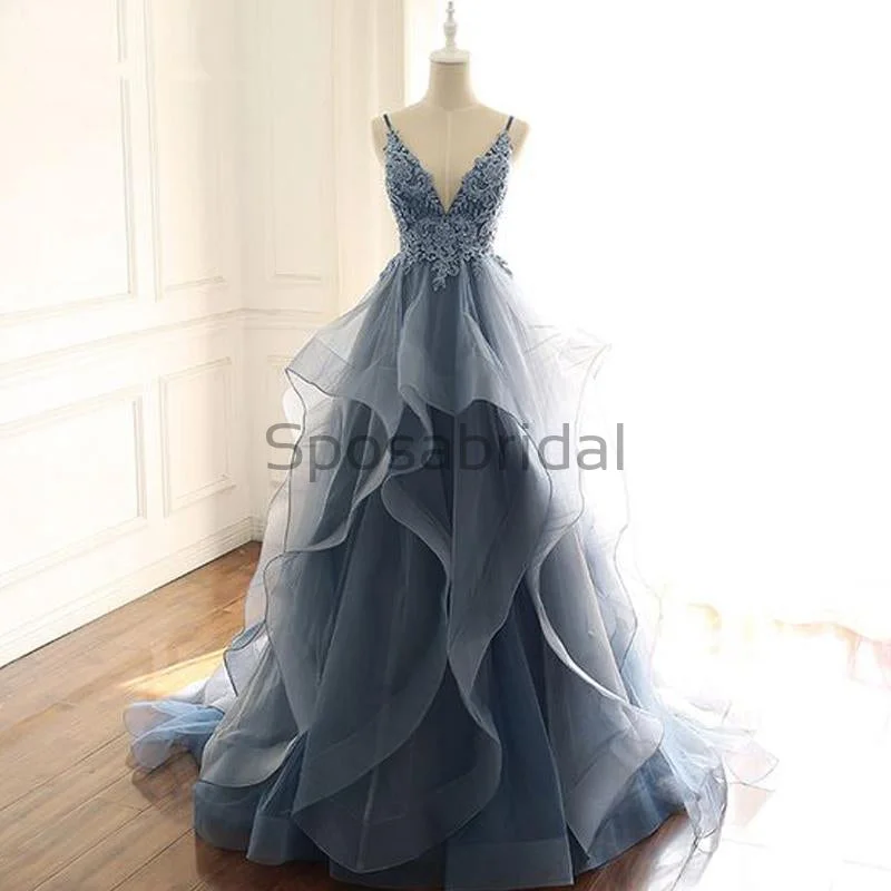 prom dresses for short girlsA-line V-Neck Lace Organza Long Real Made Formal Vintage Prom Dresses PD1754