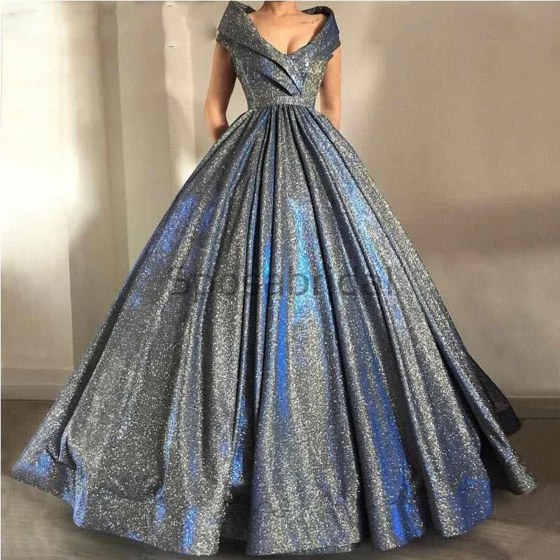 fitted prom dressesA-line V-Neck Sparkly Sequin Simple Vintage Long Prom Dresses, Ball Gown PD1757