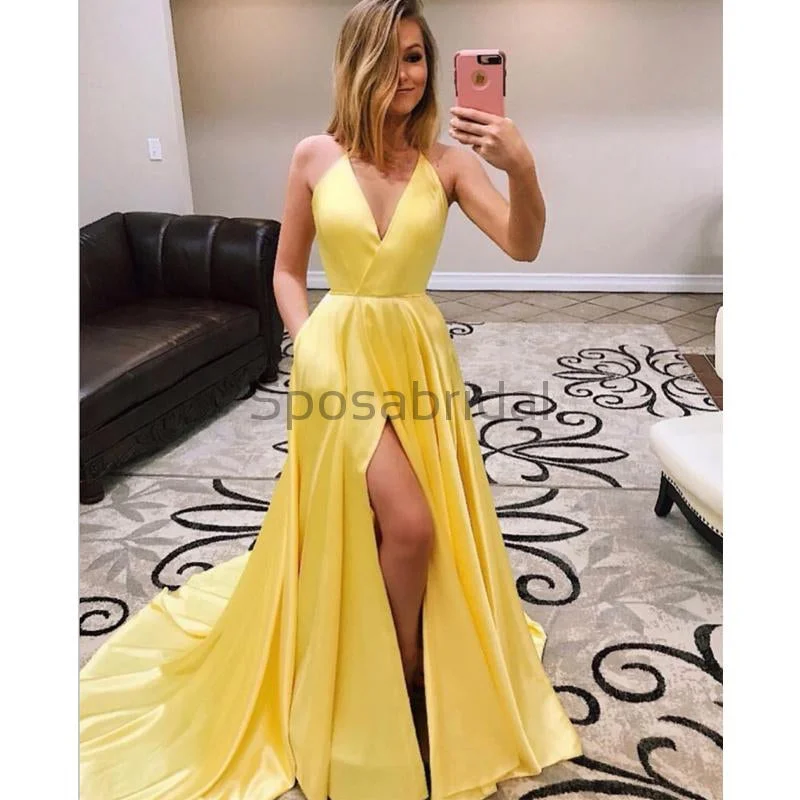 prom dress fitting adviceA-line Yellow Cheap Side Slit Spaghetti Straps Simple Long Prom Dresses PD1550