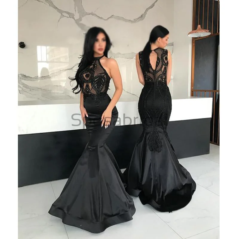 satin prom dressesBlack Halter Mermaid Tight Satin Formal Modest Long Prom Dresses PD1616