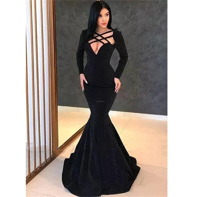 chiffon prom dressesBlack Long Sleeves Mermaid Elegant Formal Sexy Cheap Long Prom Dresses  PD1443