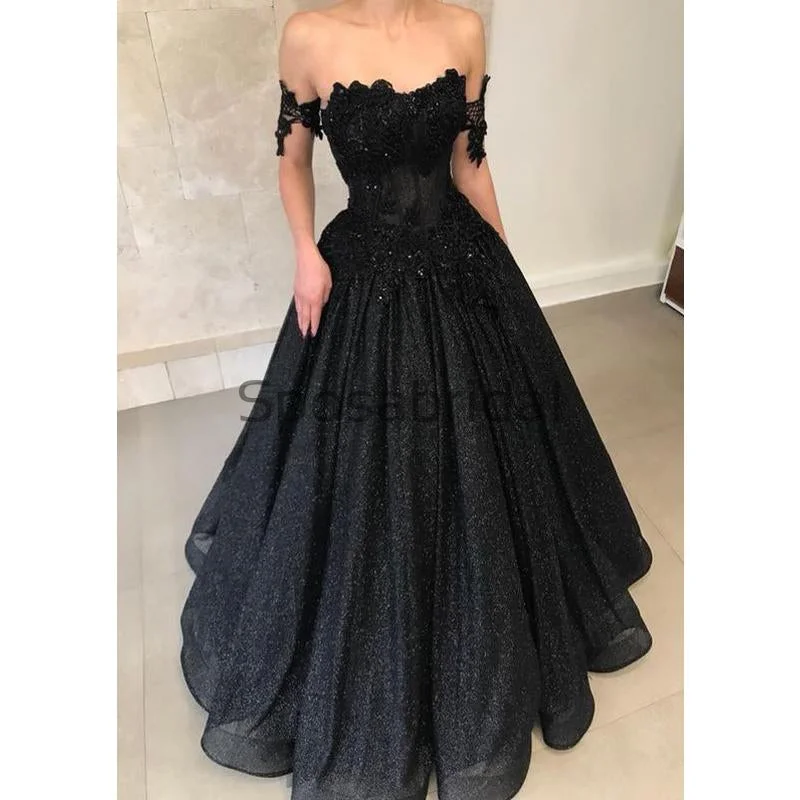 sparkly prom dressesBlack Off the Shoulder A-line Sparkly Sequin Elegant Modest Prom Dresses, Ball Gwon, Prom Dress PD1825