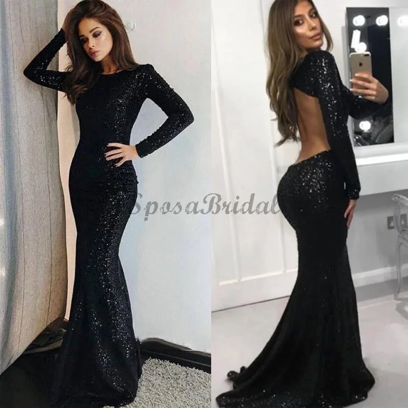 sequined prom dressesBlack Sparkly Sequin Long Sleeves Mermaid Open Back Long Prom Dresses PD1436