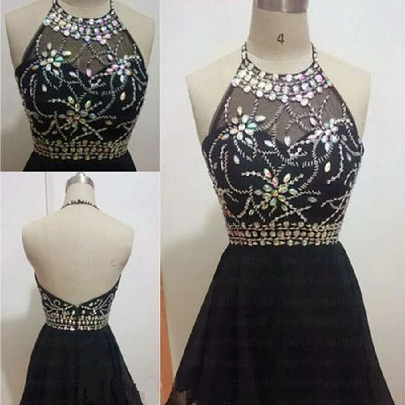 long prom dressesBlack vintage halter open back unique sexy homecoming prom dress,BD0048