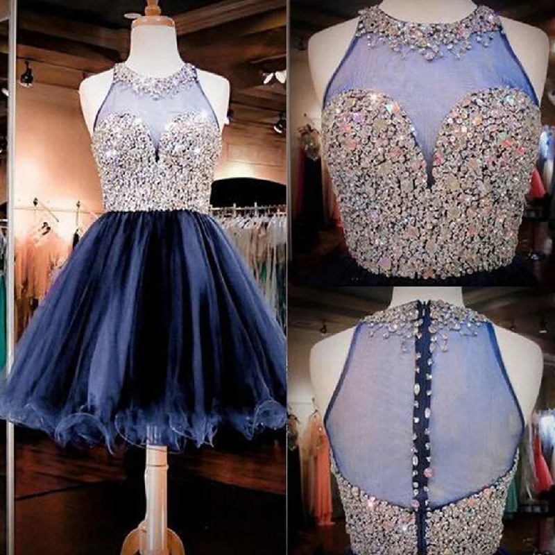 halter neck prom dressesBlue off shoulder gorgeous see through tulle Bohemian charming homecoming prom dress,BD0053