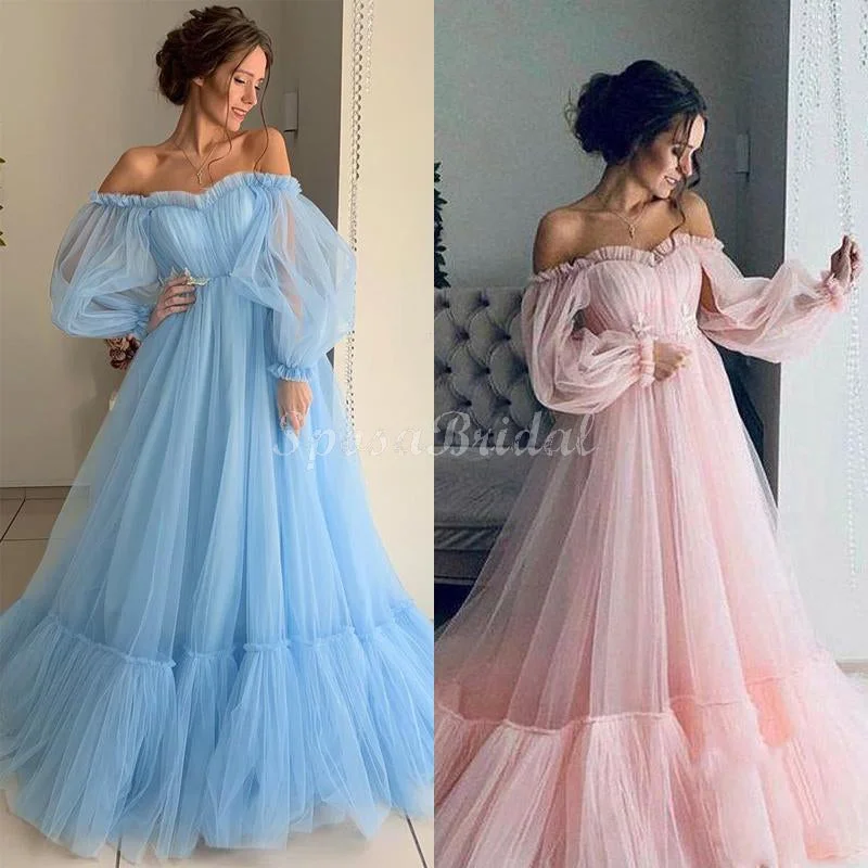 halter neck prom dressesBlue Pink Tulle Off the Shoulder A-line Long Sleeves Fashion Unique Prom Dresses PD1410