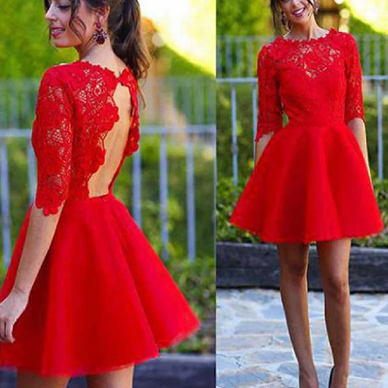 luxury prom dressesBlush red half sleeve see through lace open back charming homecoming prom gown dress,BD0023