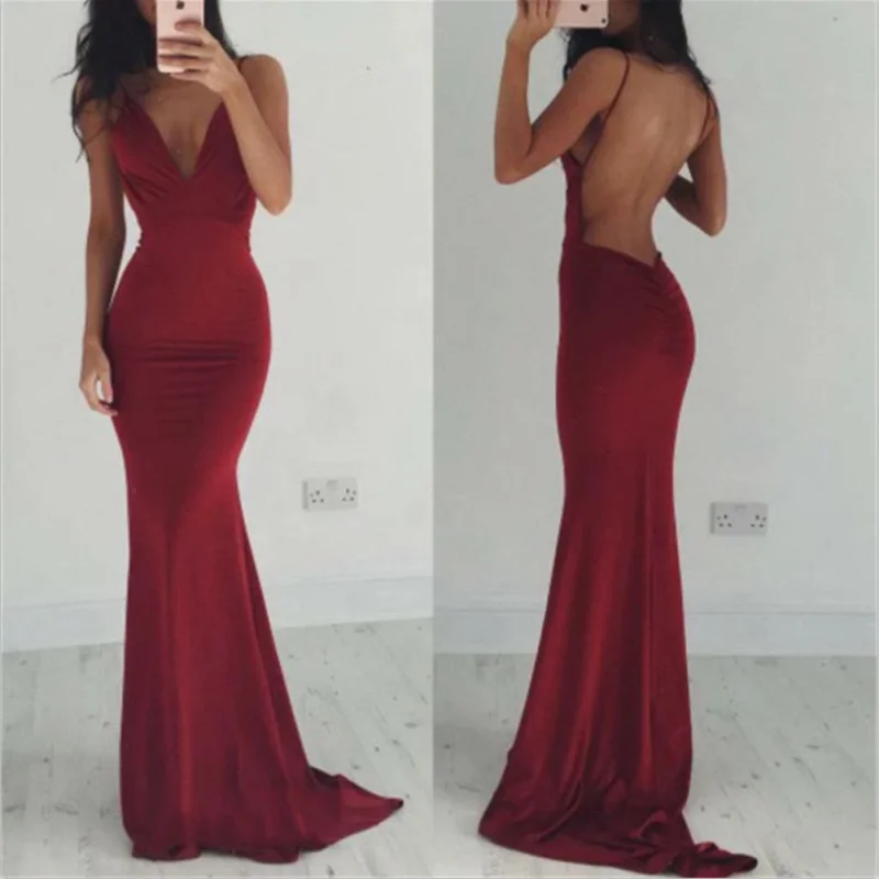 spaghetti strap prom dressesBurgundy Open Back Jersey Spaghetti Strap Mermaid V Neck Long Prom Dresses  PD1168-2