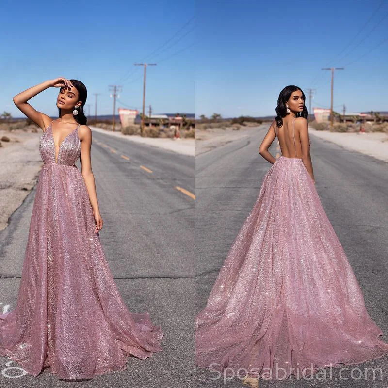 geometric print prom dressesA-line Sequin Spaghetti Straps Rose Gold Long Prom Dresses, Fashion Modest Prom Dress, PD1367