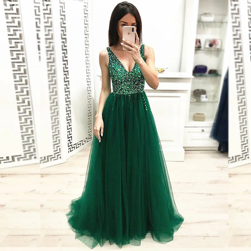 spaghetti strap prom dressesCharming A-line V-Neck Tulle Sequin Sparkly Elegant Prom Dresses, PD1778