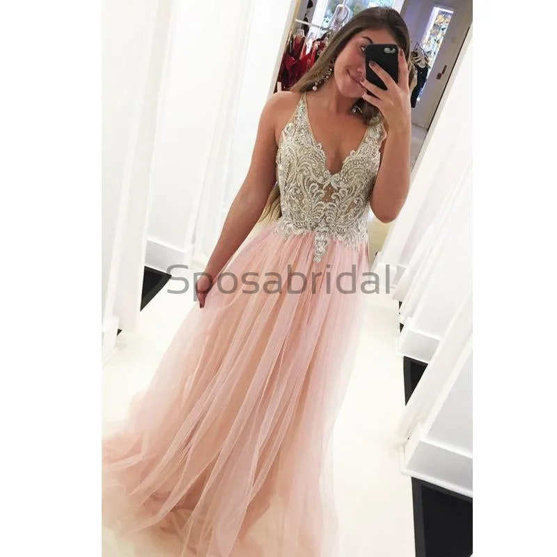 prom dresses with built-in petticoatsCharming A-line V-Neck Tulle Elegant Formal Modest Prom Dresses PD1784