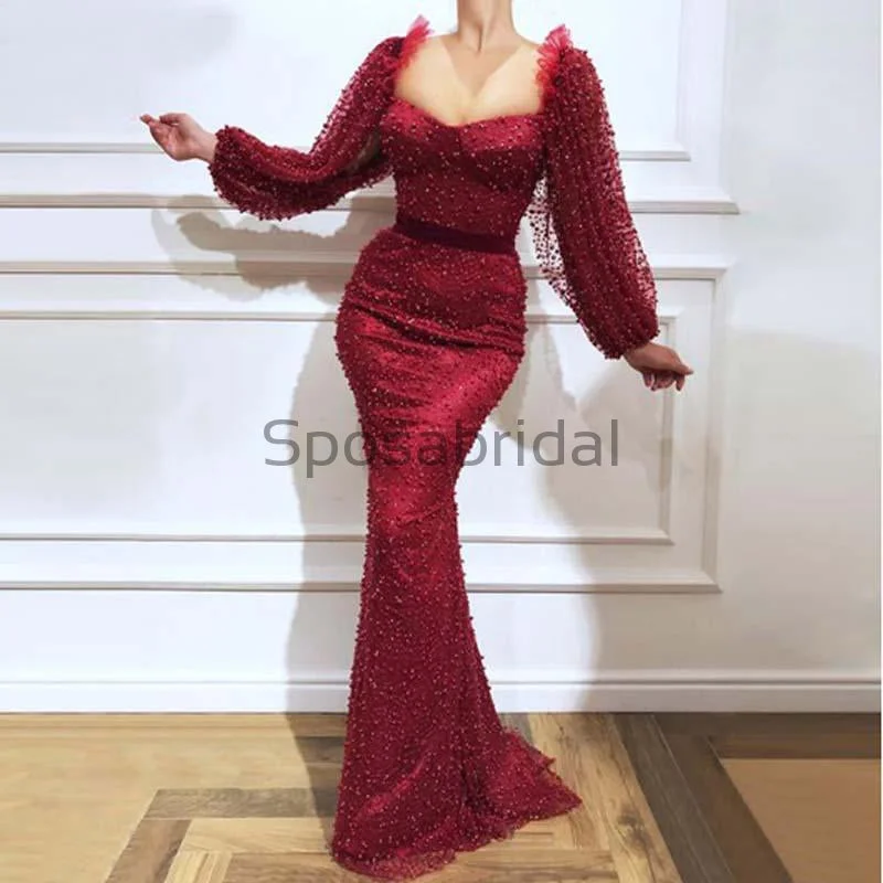 metallic prom dressesCharming Mermaid Elegant Long Sleeves Sexy Formal Long Prom Dresses PD1950